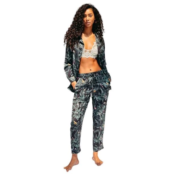 Plush Other - Free People x Plush Emerald Jungle Print Silky Pajama Set sz XS NWT Drawstring